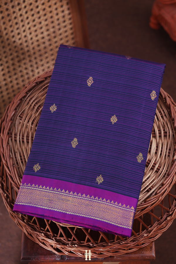 Kanchipuram Silk Saree In Blue With Stripes Along Buttas