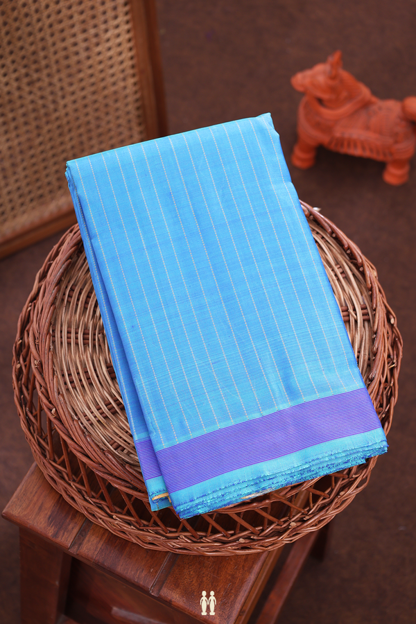 Kanchipuram Silk Saree In Blue With Stripes Design