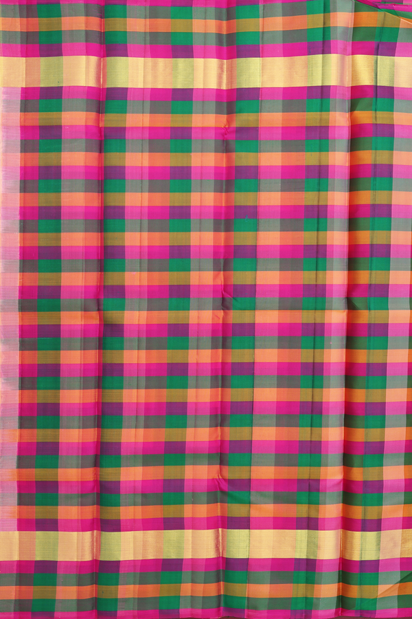 Kanchipuram Silk Saree In Blush Orange With Checks Border