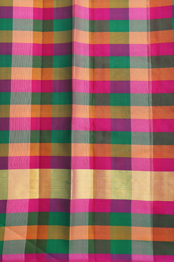 Kanchipuram Silk Saree In Blush Orange With Checks Border