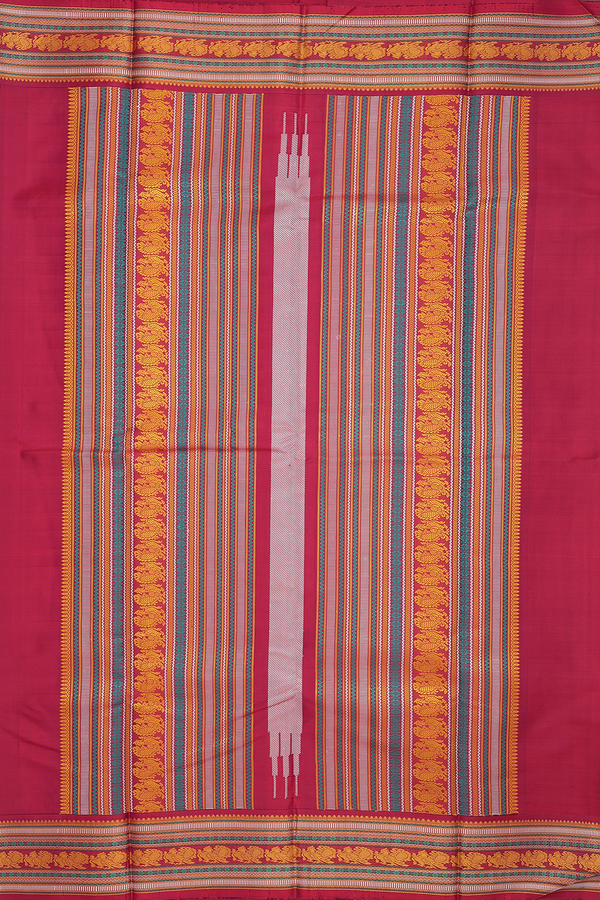 Kanchipuram Silk Saree In Blush Orange With Peacock Buttas