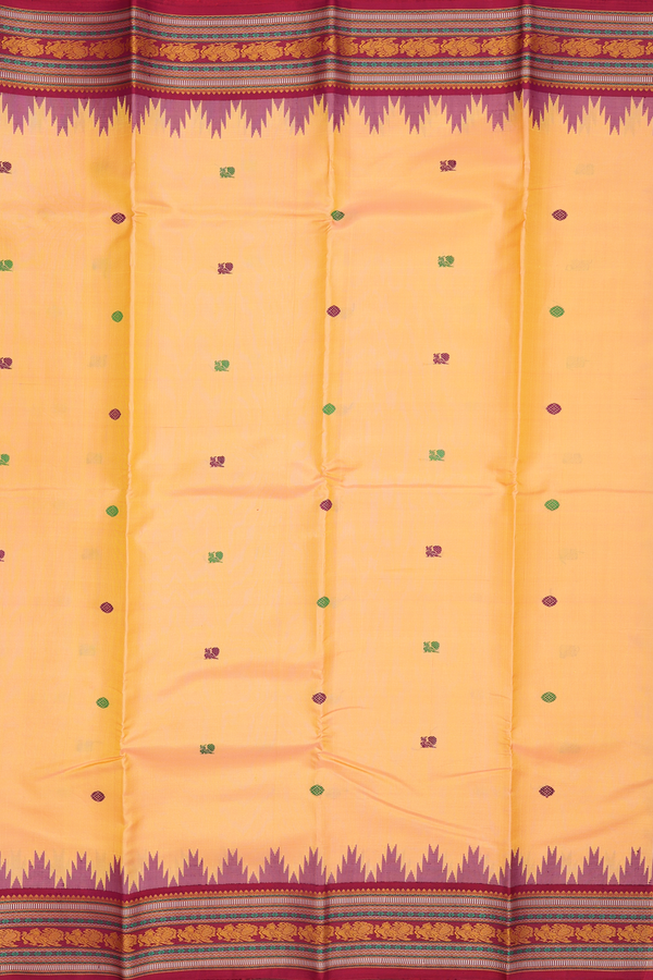 Kanchipuram Silk Saree In Blush Orange With Peacock Buttas