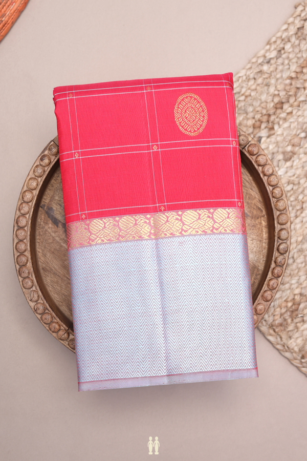 Kanchipuram Silk Saree In Blush Red Checks Along With Buttas