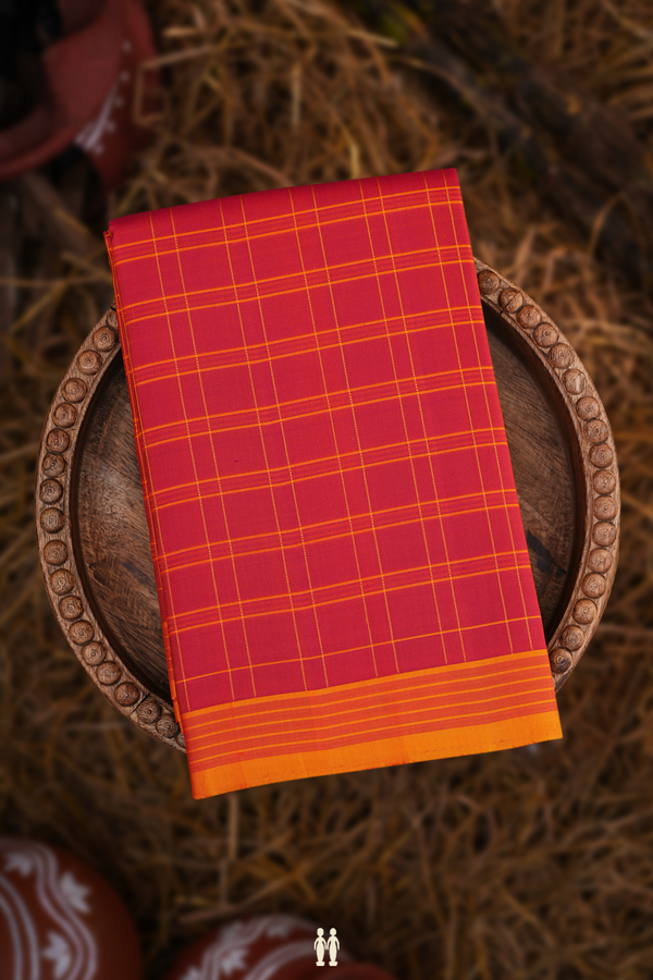Kanchipuram Silk Saree In Blush Red With Checks Design