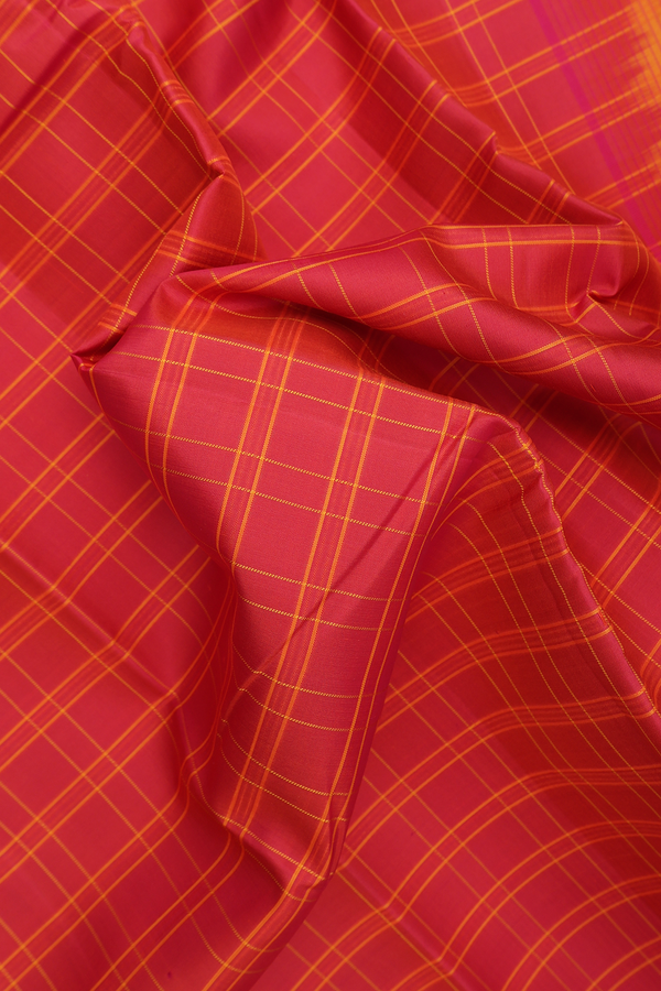 Kanchipuram Silk Saree In Blush Red With Checks Design