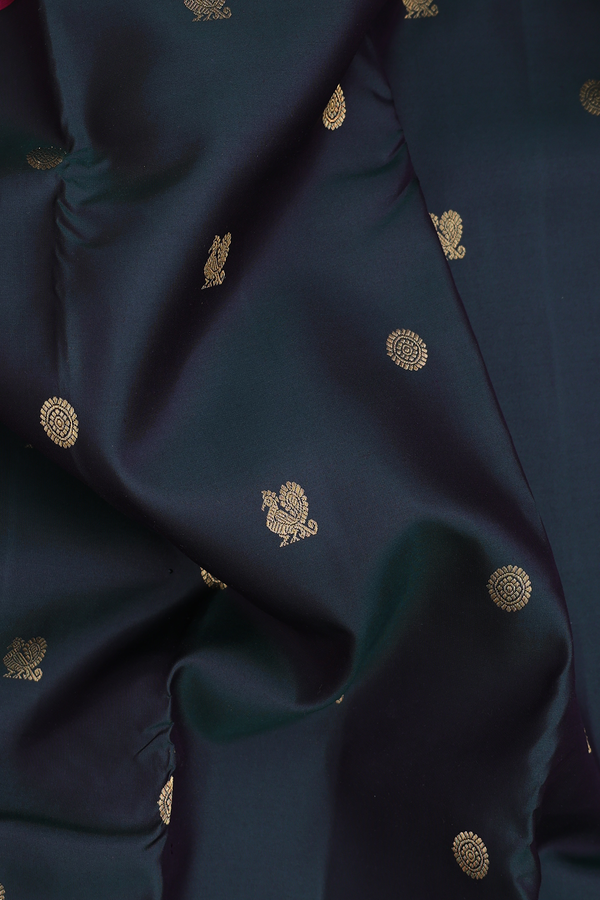 Kanchipuram Silk Saree In Bottle Green With Peacock Buttas