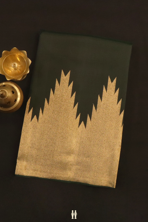 Kanchipuram Silk Saree In Bottle Green With Temple Border
