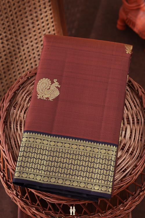Kanchipuram Silk Saree In Brick Brown With Peacock Motifs