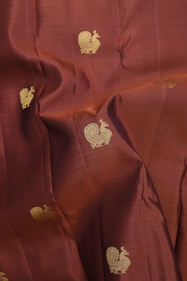 Kanchipuram Silk Saree In Brick Brown With Peacock Motifs