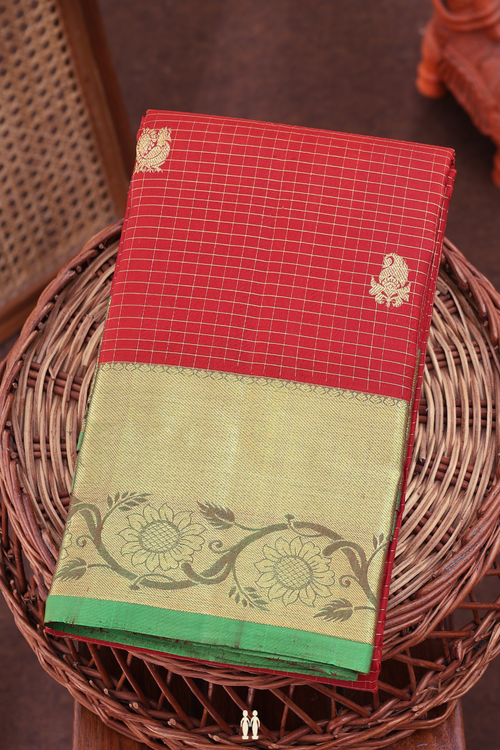 Kanchipuram Silk Saree In Brick Red With Checks Design