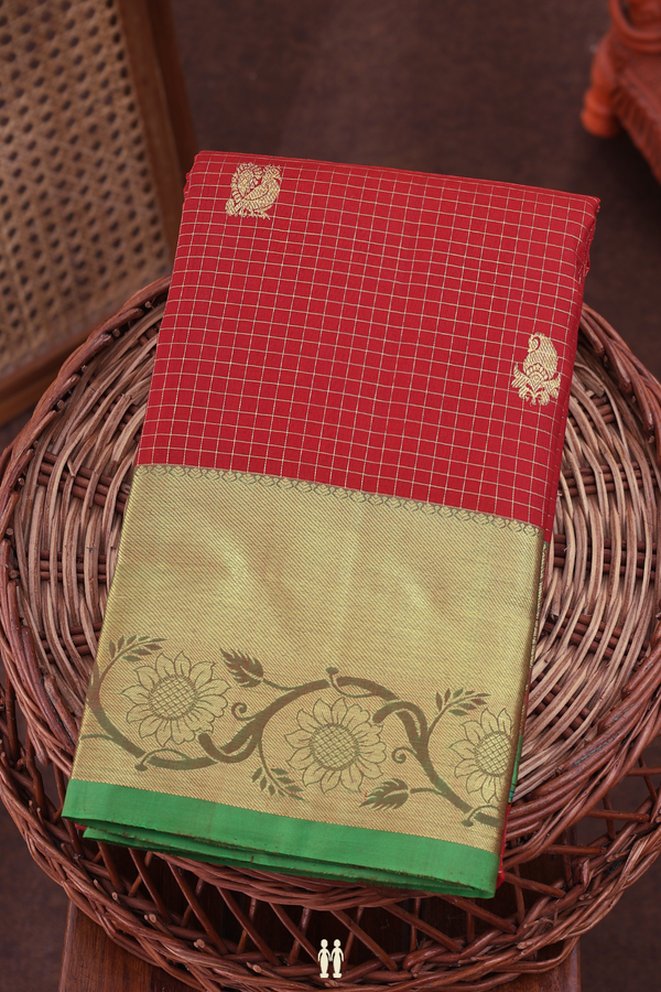 Kanchipuram Silk Saree In Brick Red With Checks Design