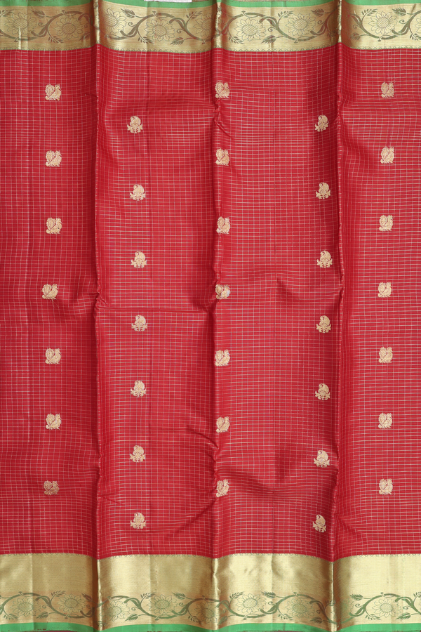 Kanchipuram Silk Saree In Brick Red With Checks Design