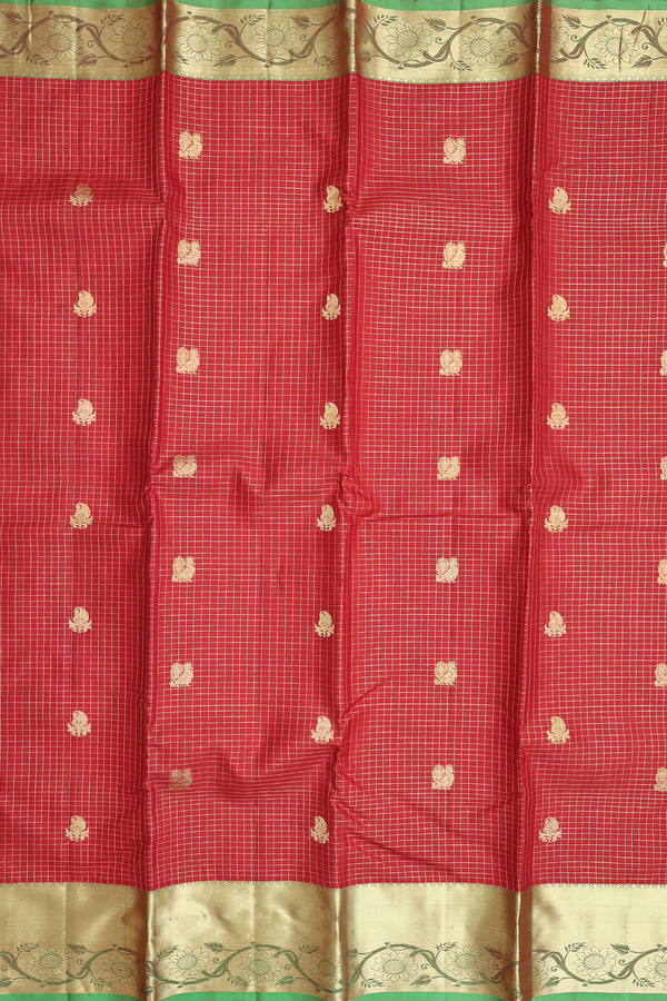 Kanchipuram Silk Saree In Brick Red With Checks Design