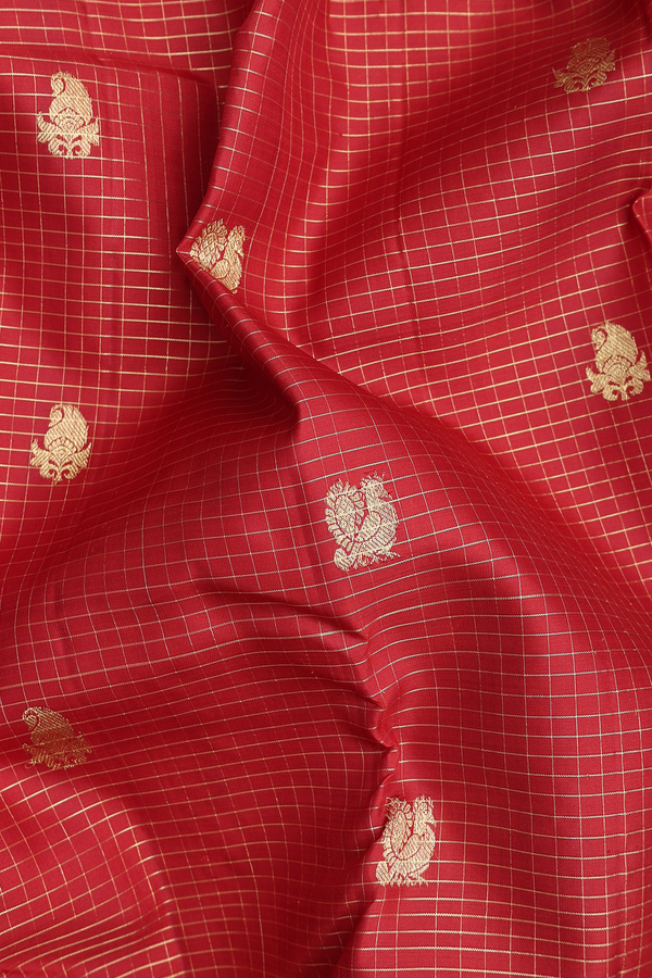 Kanchipuram Silk Saree In Brick Red With Checks Design