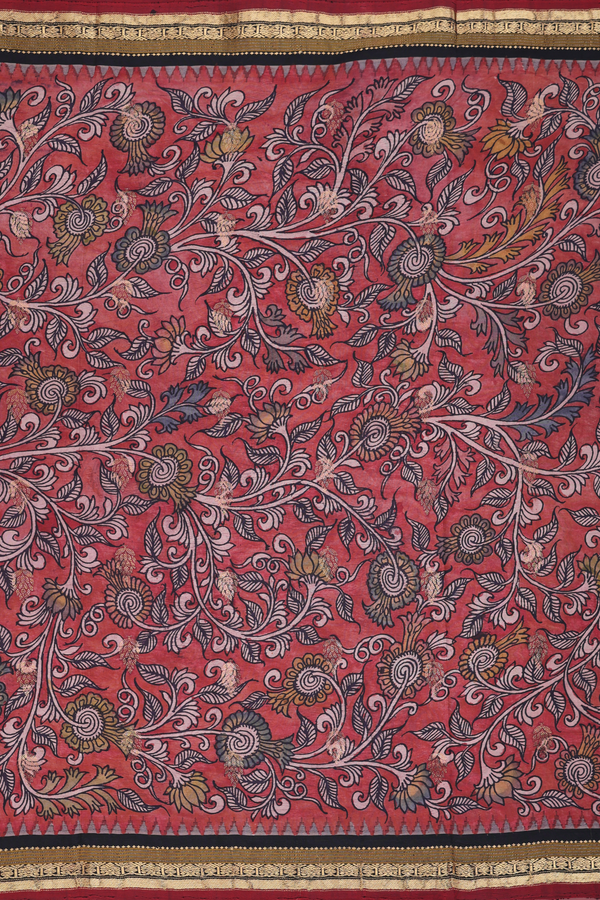 Kanchipuram Silk Saree In Brick Red With Floral Design