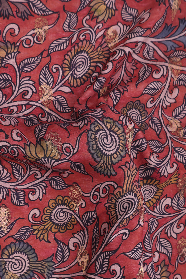 Kanchipuram Silk Saree In Brick Red With Floral Design