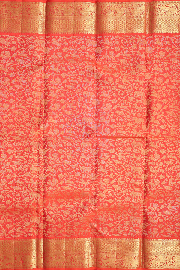 Kanchipuram Silk Saree In Bright Orange With Brocade Design