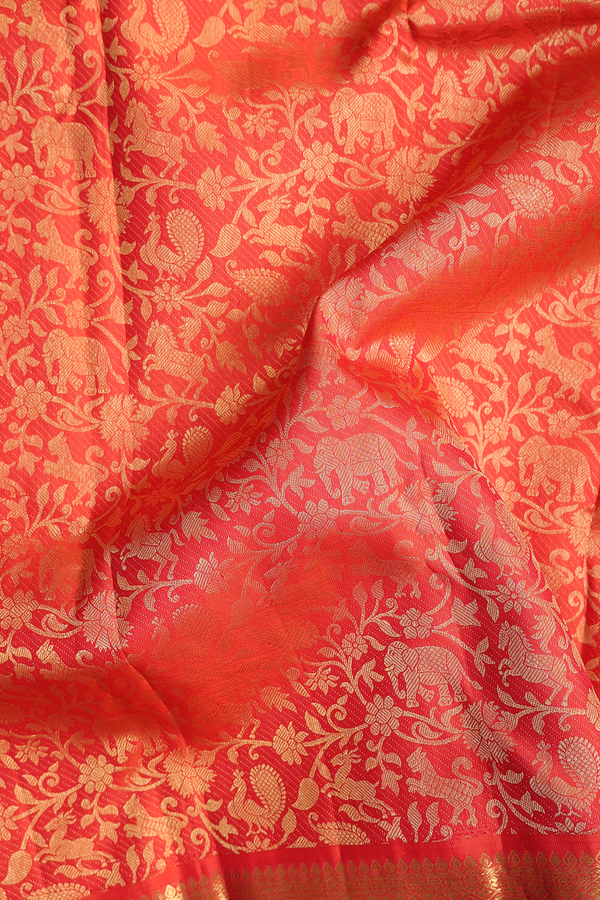 Kanchipuram Silk Saree In Bright Orange With Brocade Design