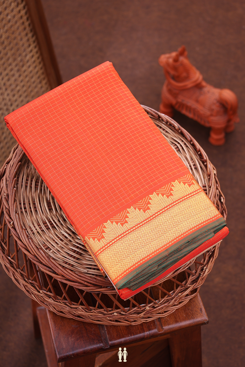 Kanchipuram Silk Saree In Bright Orange With Checks Design