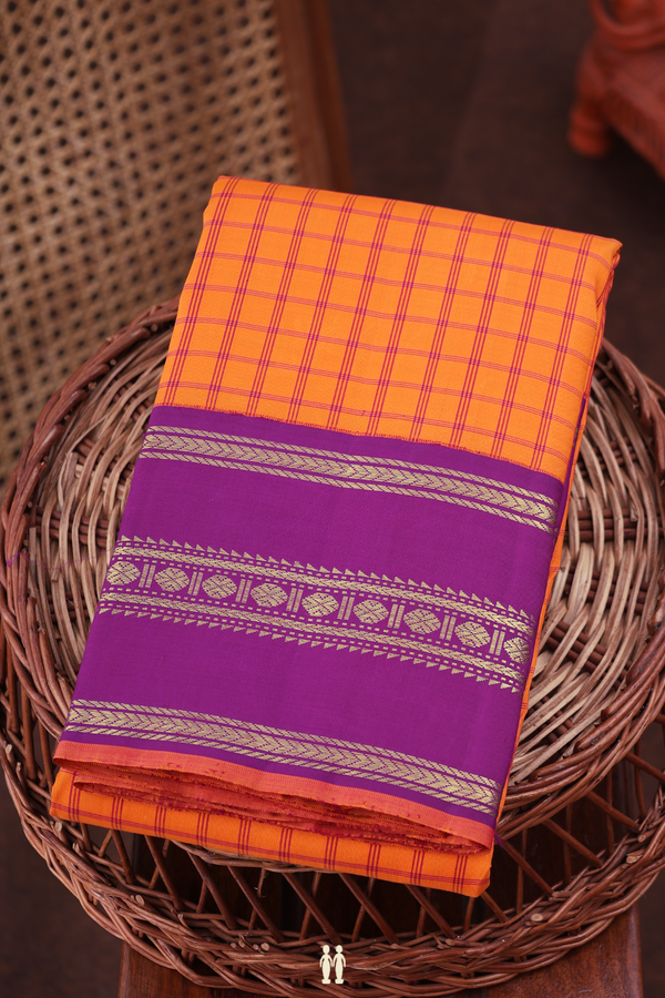 Kanchipuram Silk Saree In Bright Orange With Checks Design
