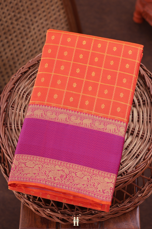 Kanchipuram Silk Saree In Bright Orange With Checks Design