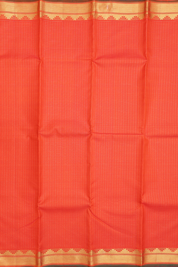 Kanchipuram Silk Saree In Bright Orange With Checks Design