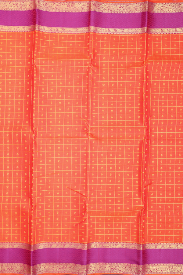 Kanchipuram Silk Saree In Bright Orange With Checks Design