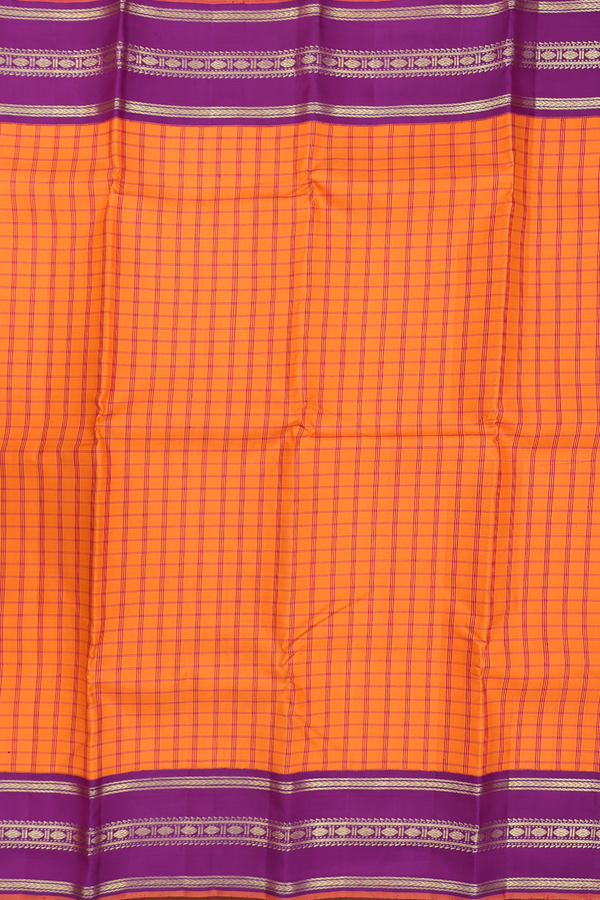 Kanchipuram Silk Saree In Bright Orange With Checks Design