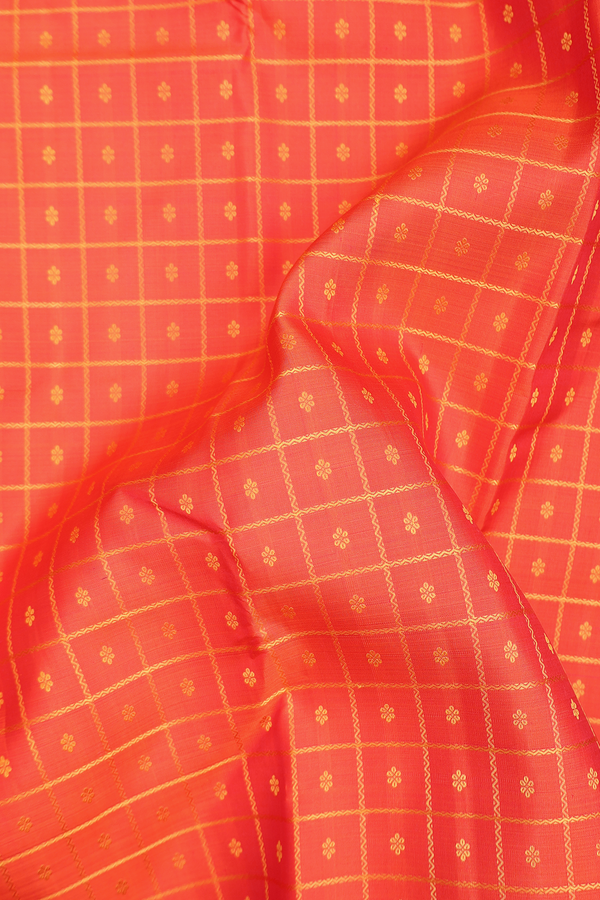 Kanchipuram Silk Saree In Bright Orange With Checks Design