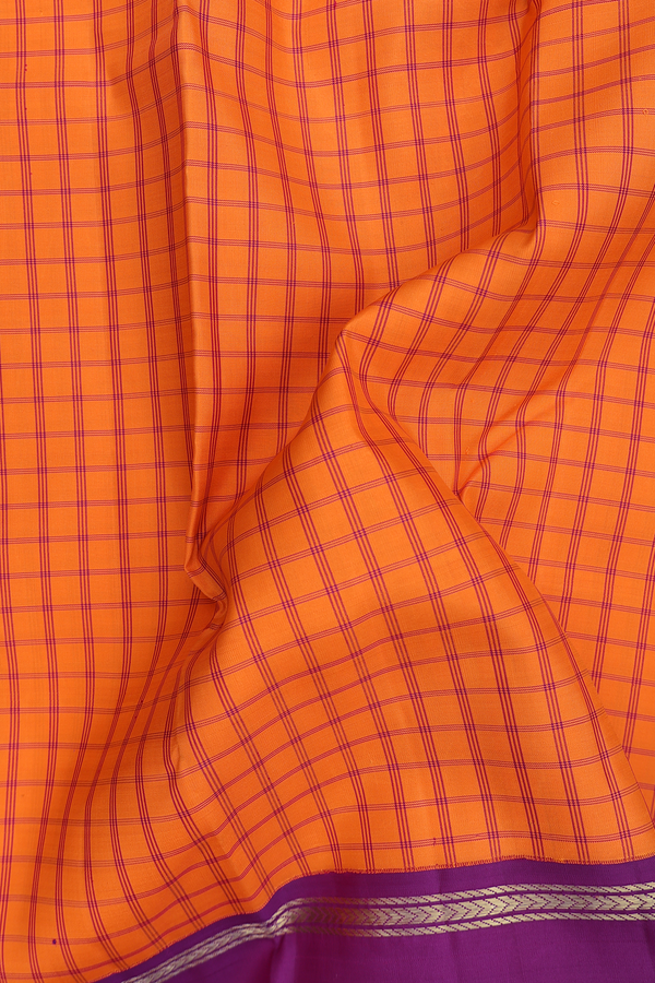 Kanchipuram Silk Saree In Bright Orange With Checks Design