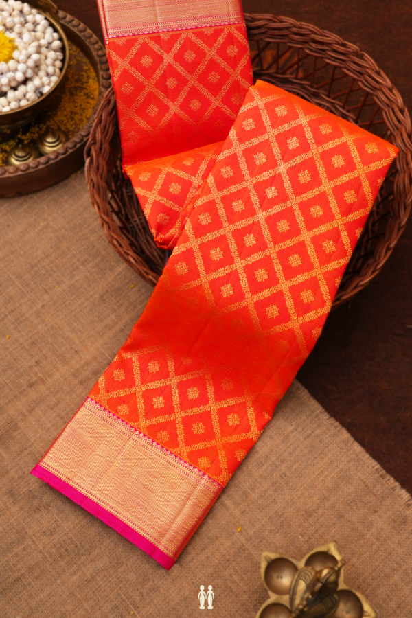Kanchipuram Silk Saree In Bright Orange With Diamond Design