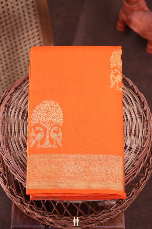 Kanchipuram Silk Saree In Bright Orange With Peacock Design