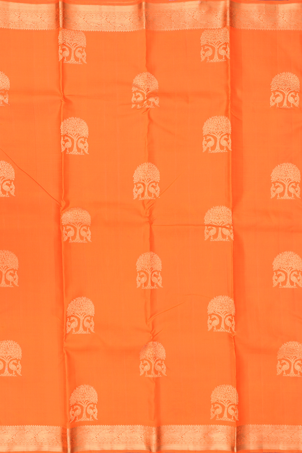 Kanchipuram Silk Saree In Bright Orange With Peacock Design