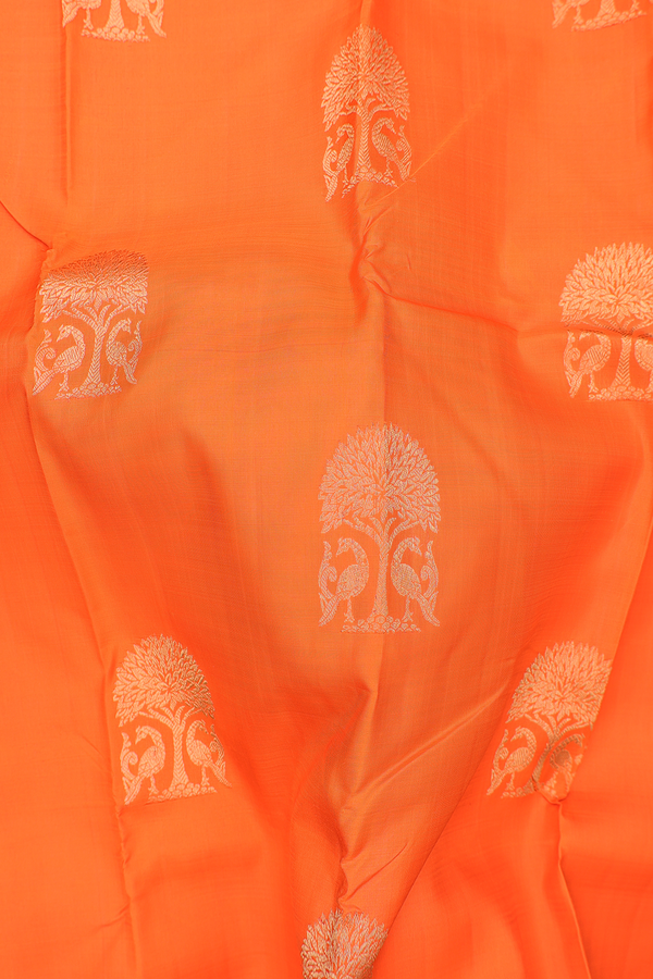 Kanchipuram Silk Saree In Bright Orange With Peacock Design