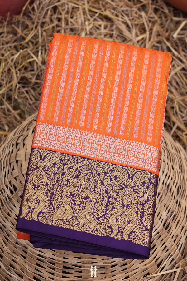 Kanchipuram Silk Saree In Bright Orange With Stripes Design