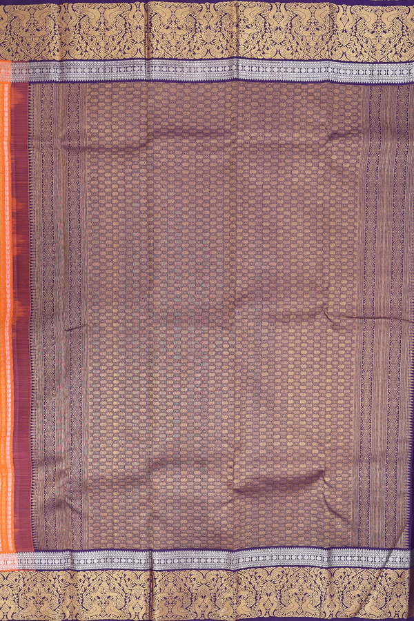 Kanchipuram Silk Saree In Bright Orange With Stripes Design