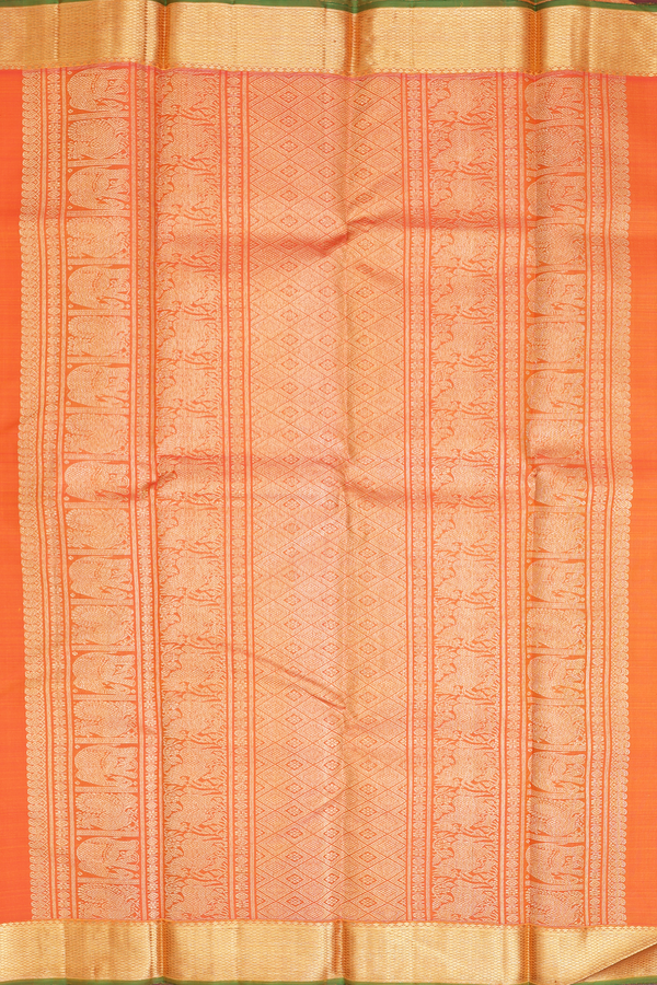 Kanchipuram Silk Saree In Bright Orange With Stripes Design