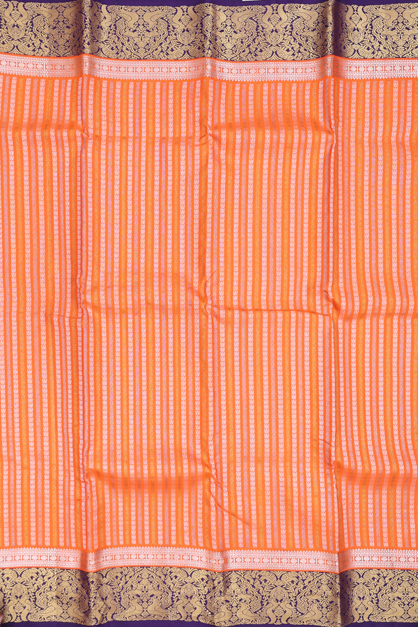 Kanchipuram Silk Saree In Bright Orange With Stripes Design