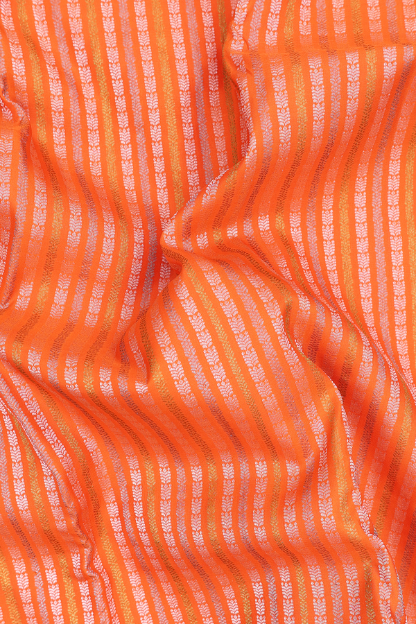 Kanchipuram Silk Saree In Bright Orange With Stripes Design