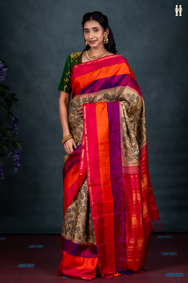 Kanchipuram Silk Saree In Brown With Hand Painted Leaf Design