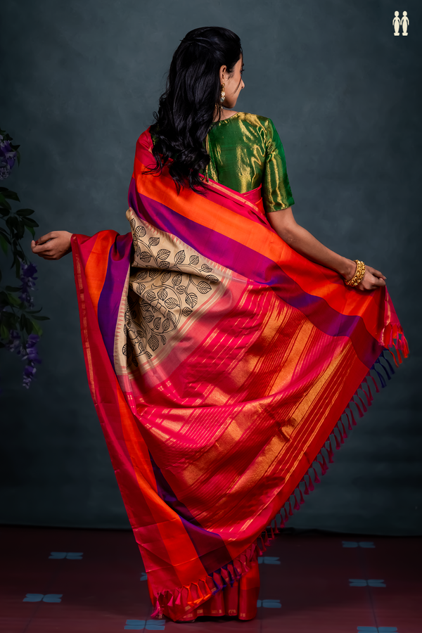Kanchipuram Silk Saree In Brown With Hand Painted Leaf Design