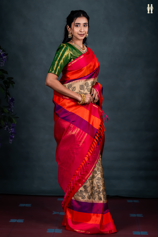 Kanchipuram Silk Saree In Brown With Hand Painted Leaf Design