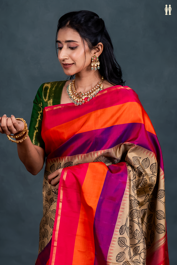 Kanchipuram Silk Saree In Brown With Hand Painted Leaf Design