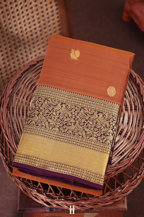 Kanchipuram Silk Saree In Brown With Peacock Buttas