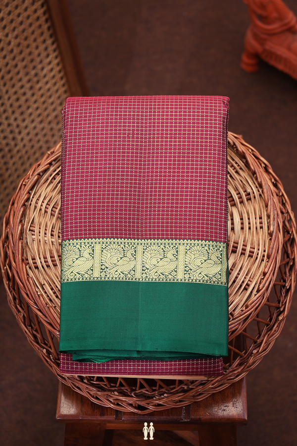 Kanchipuram Silk Saree In Burgundy Red With Checks Design