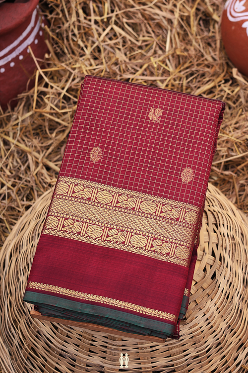 Kanchipuram Silk Saree In Burgundy Red With Checks Design