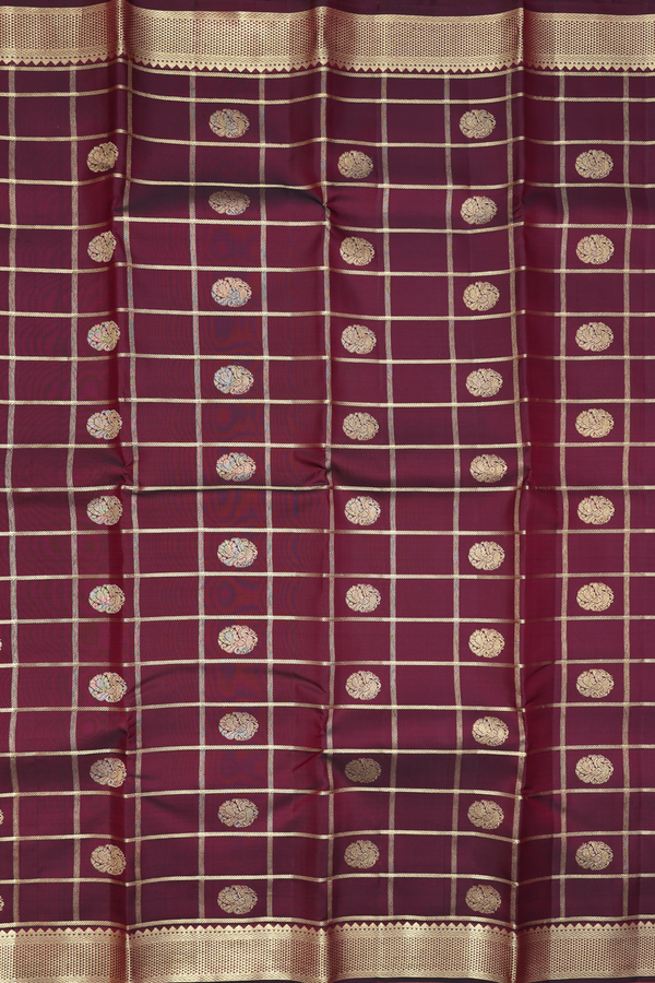 Kanchipuram Silk Saree In Burgundy Red With Checks Design