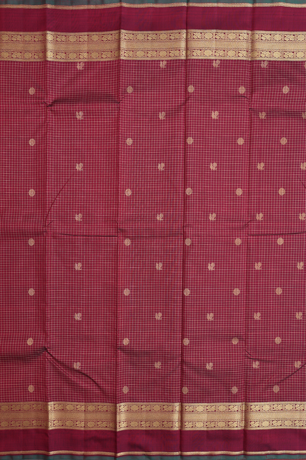 Kanchipuram Silk Saree In Burgundy Red With Checks Design