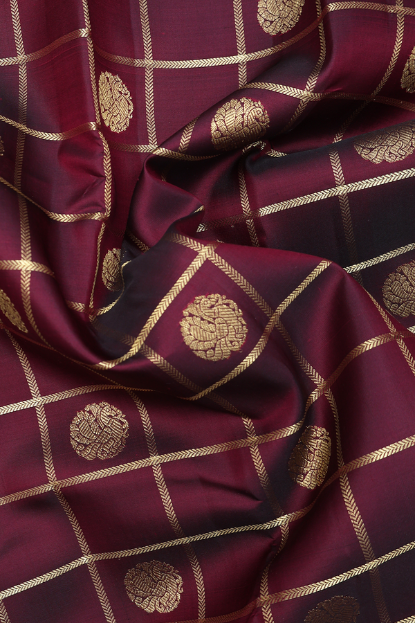 Kanchipuram Silk Saree In Burgundy Red With Checks Design