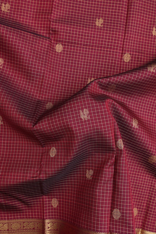 Kanchipuram Silk Saree In Burgundy Red With Checks Design